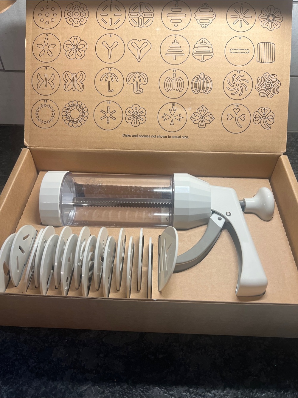 Pampered Chef Cookie Press Set with 20 Disk Designs - White